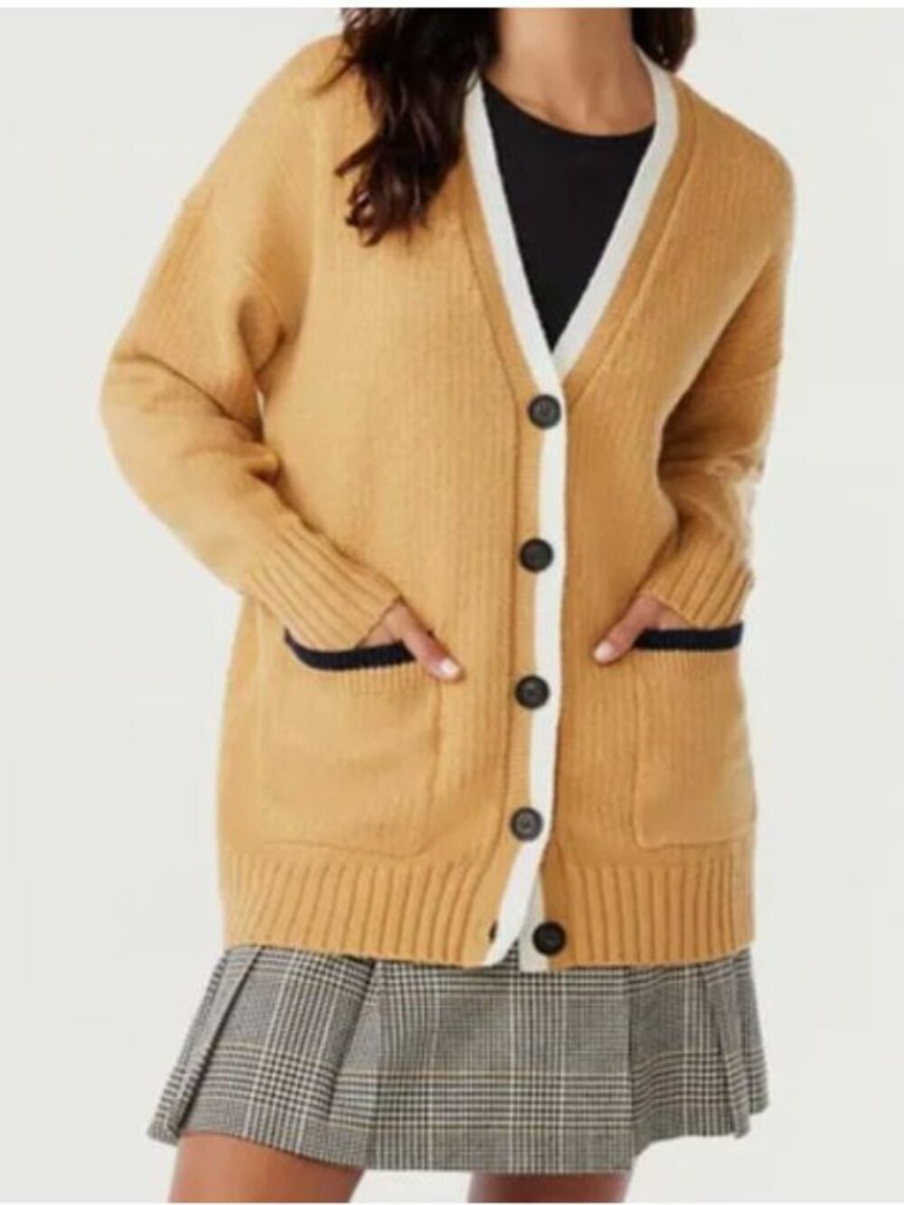 Cardigan Sweater Womens Large Brown Gold Academia Varsity Preppy Cozy Relaxed